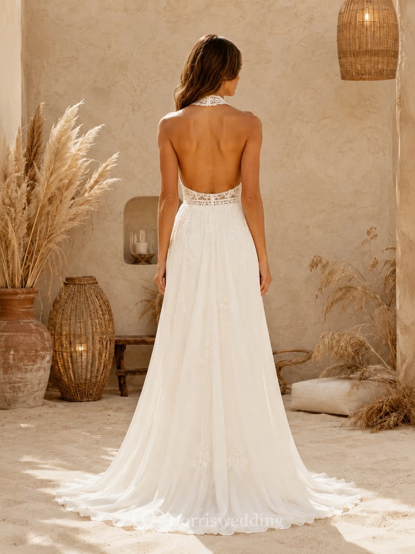 Bohemian Lace Halter Sleeveless Split Front Wedding Gown view 2