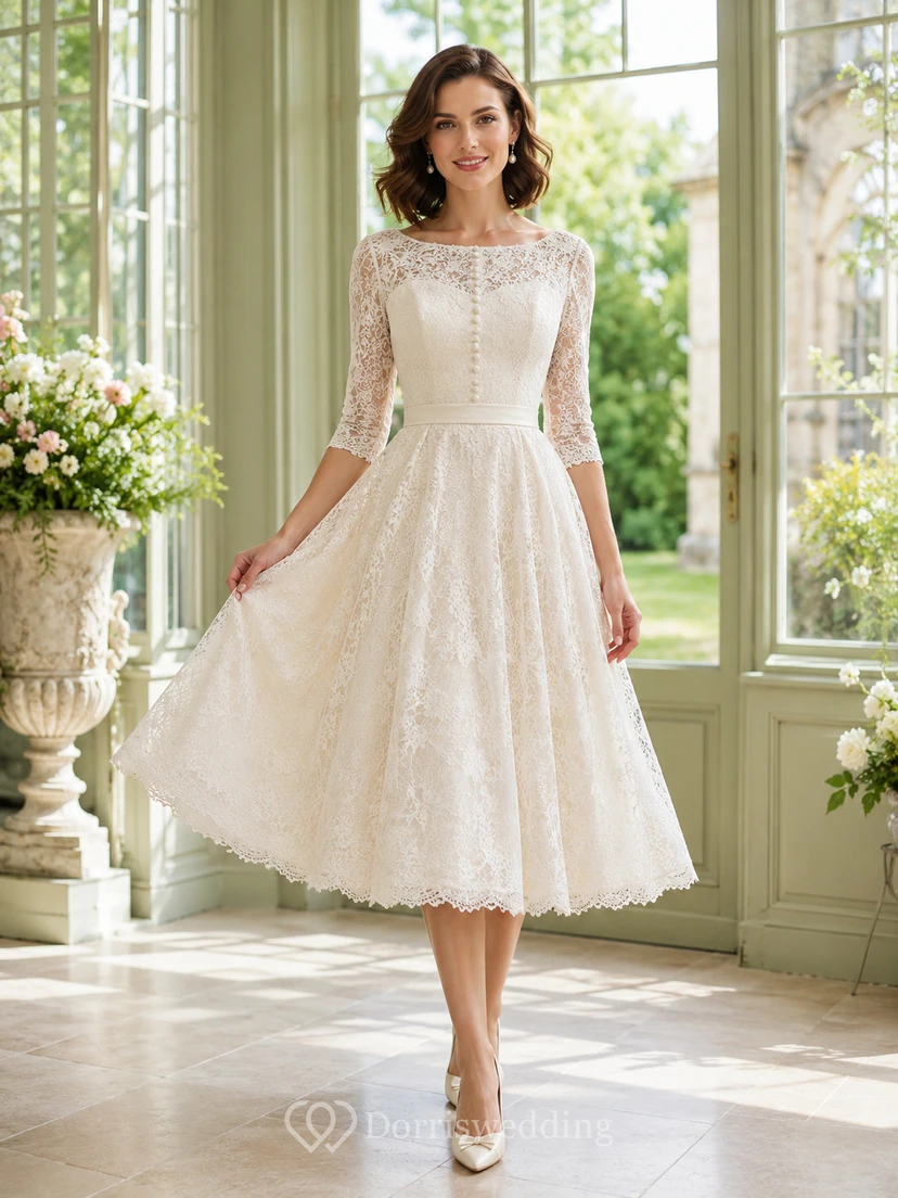 Vintage Brautkleid im Bateau-Stil mit Dreiviertelärmeln aus Spitze, A-Linie und Teelänge