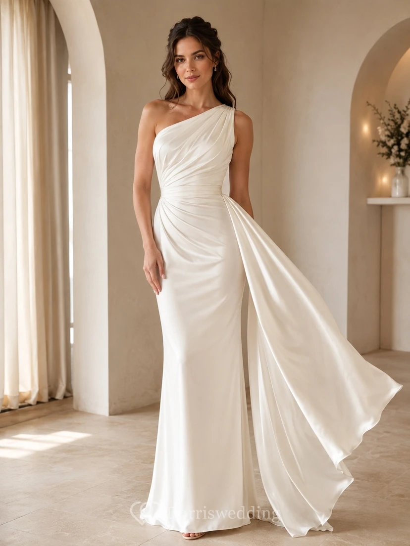 Schlichtes, bodenlanges, ärmelloses, formelles Brautkleid mit One-Shoulder-Ausschnitt