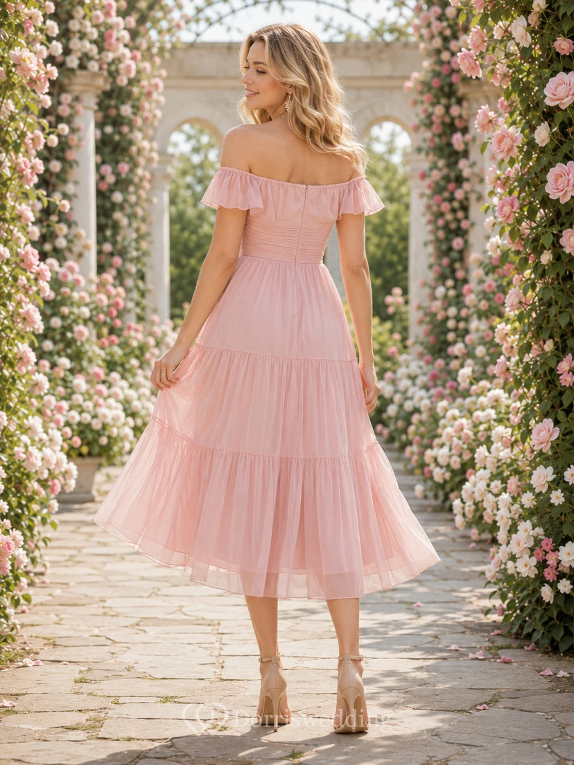 Petal Reverie Blush A-Line Tea-Length Off-Shoulder Short-Sleeve Tulle Romantic Guest Dress view 2