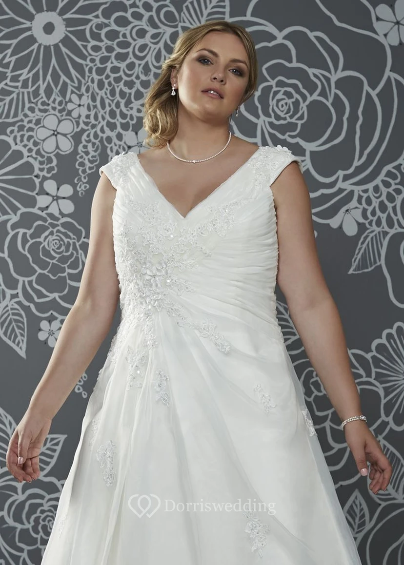 A-Line Floor-Length V-Neck Cap Satin Court Train Lace-Up Back Ruching Dress view 3