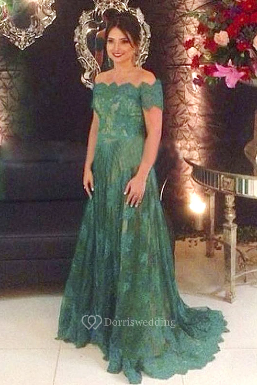 Scalloped Off-the-shoulder A-line Lace Long Dress With Short Sleeve view 4