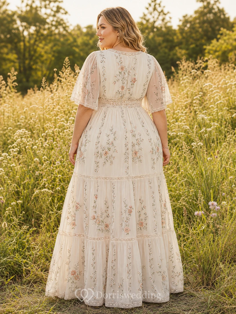 Plus-Size Cream Floral Chiffon V-Neck Flutter-Sleeve Tiered Floor-Length Boho Dress view 2
