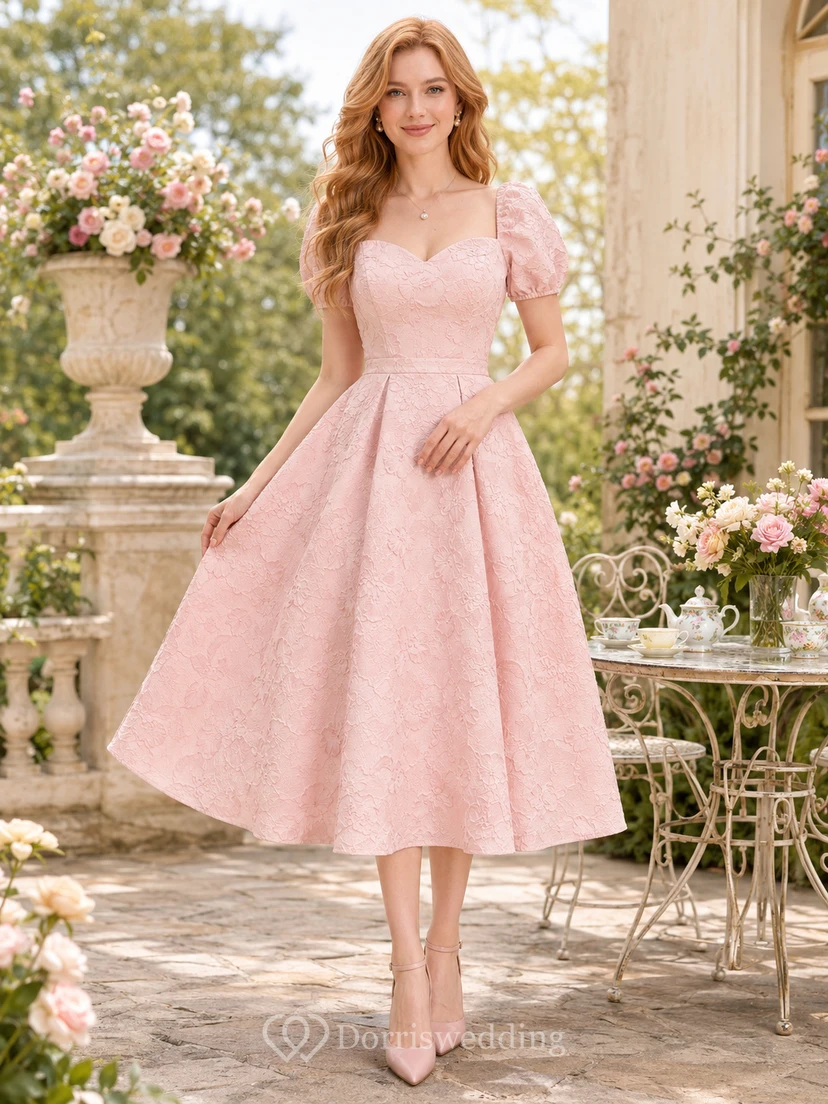 Garden Salon Blush A-Line Tea-Length Square Short-Sleeve Lace Vintage Guest Dress