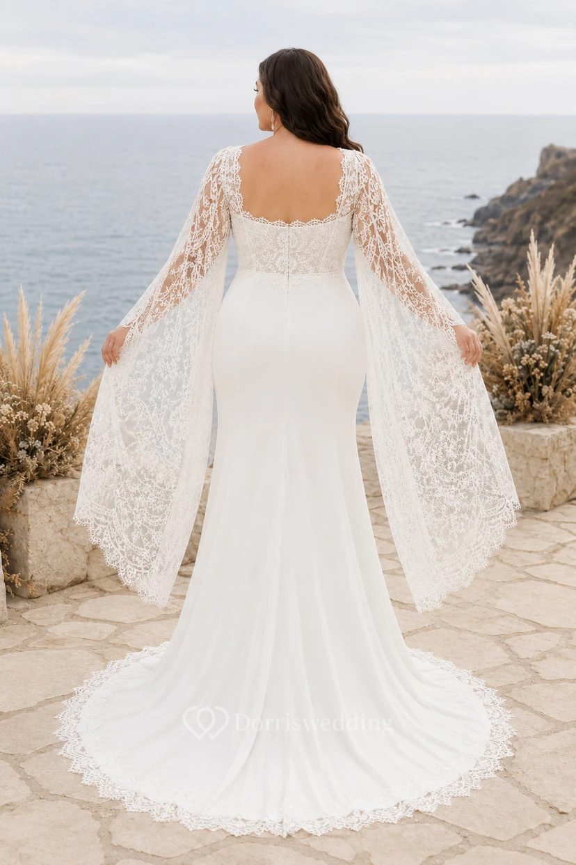 Vestido de novia de talla grande color marfil con escote cuadrado y mangas tipo capa de encaje. view 2