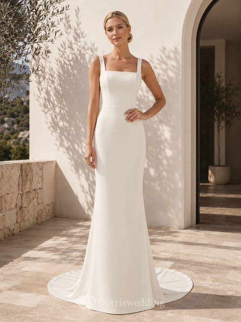 Minimalistisches Brautkleid im Meerjungfrauenstil aus Crêpe mit eckigem Ausschnitt