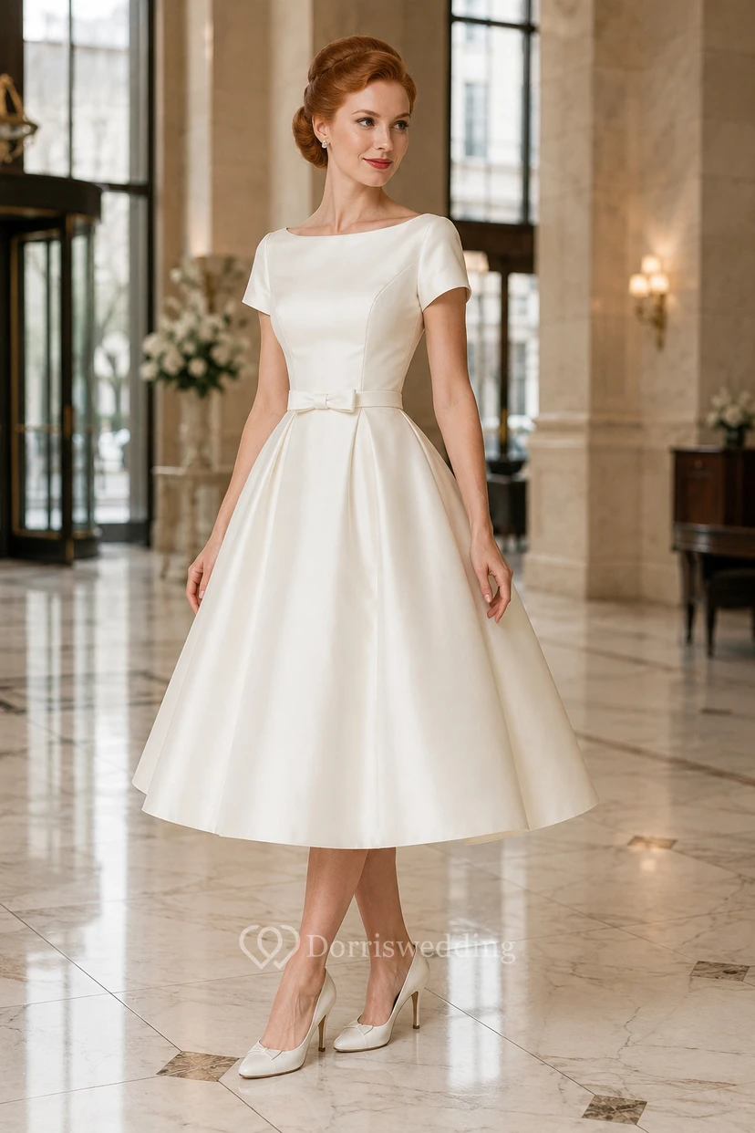 Robe de mariée en satin à col bateau, manches courtes et longueur thé, à encolure bateau