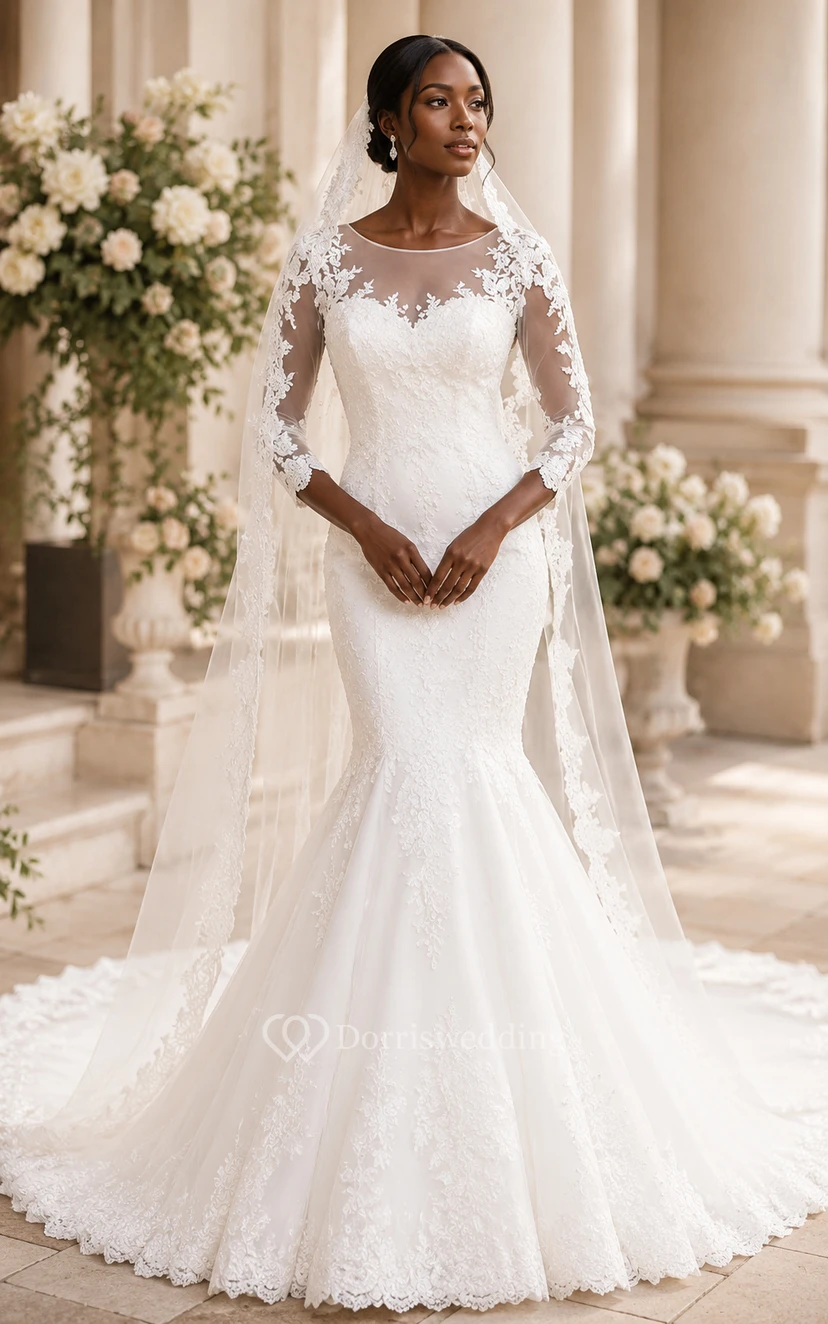 White Plus Size Long Sleeve Lace Mermaid Wedding Dress
