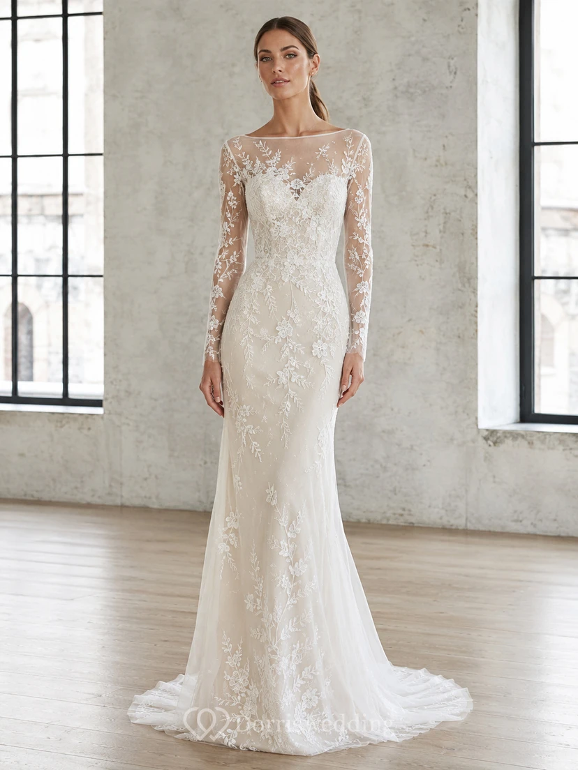 Robe de mariée sirène en dentelle florale à manches longues illusion bateau
