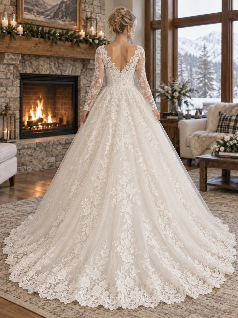 Vestido de novia de gala de encaje floral con escote en V festoneado y mangas largas view 2