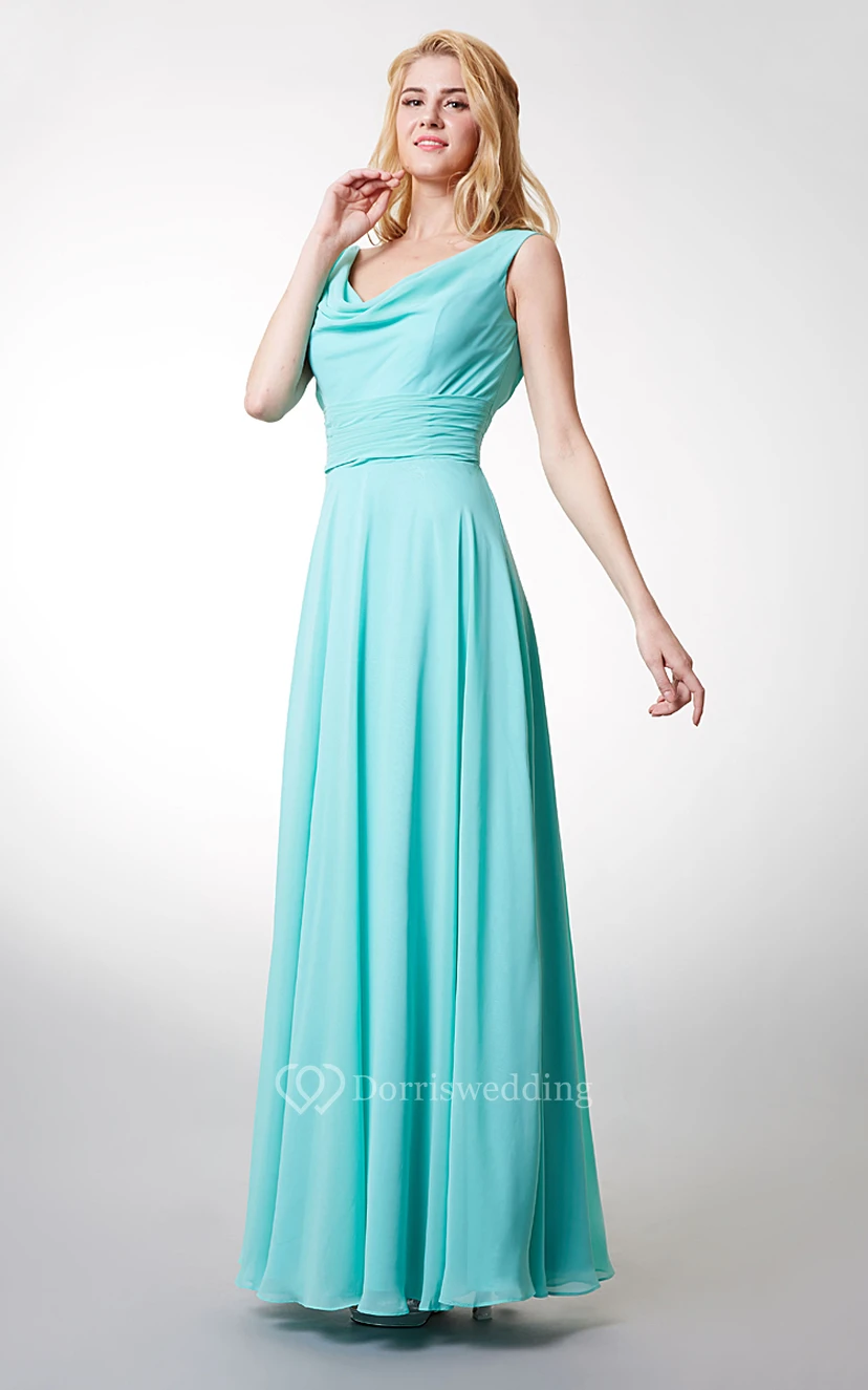Charming Cowl Neck Sleeveless Long Chiffon Dress With V-neck view 3