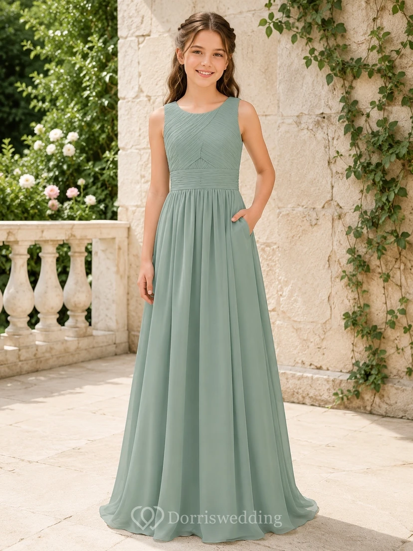 Vestido de dama de honor juvenil color celadón, corte en A, escote redondo, sin mangas, gasa, detalle de bolsillo, sencillo.