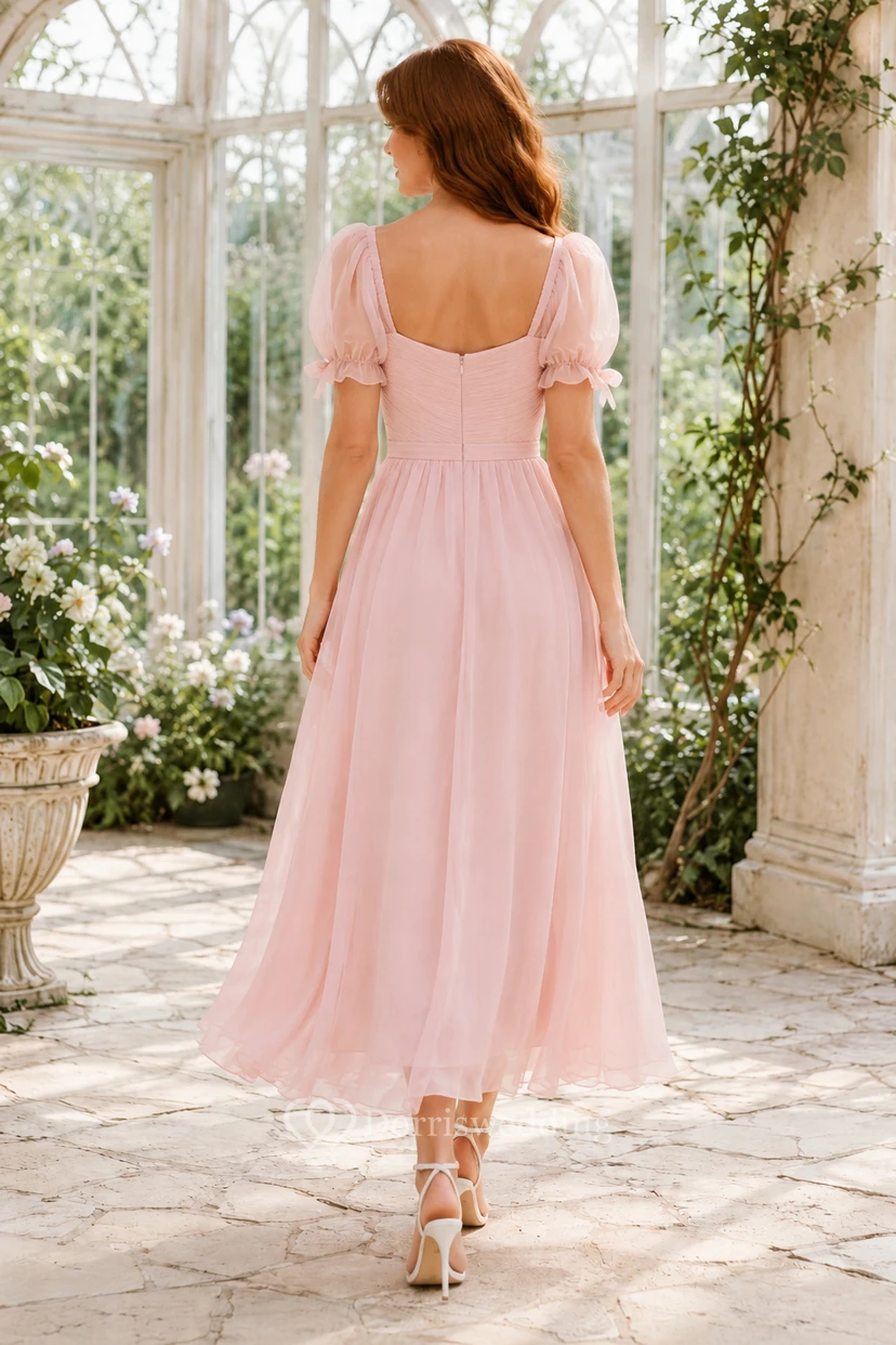 Blush Puff Sleeve Tulle Tea-Length A-Line Dress view 2