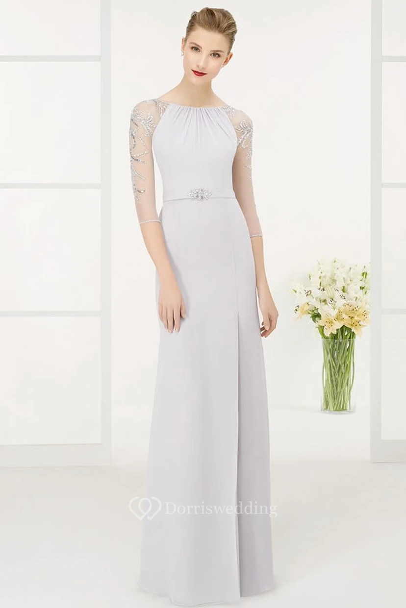 Sheath Half-Sleeve Jewel-Neck Beaded Maxi Chiffon Prom Dress With Broach
