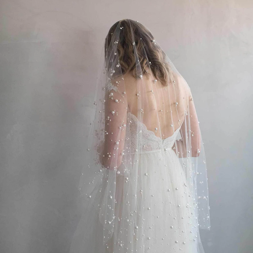 Elegant Two Tier Tulle Beaded Fingertip Veil view 2