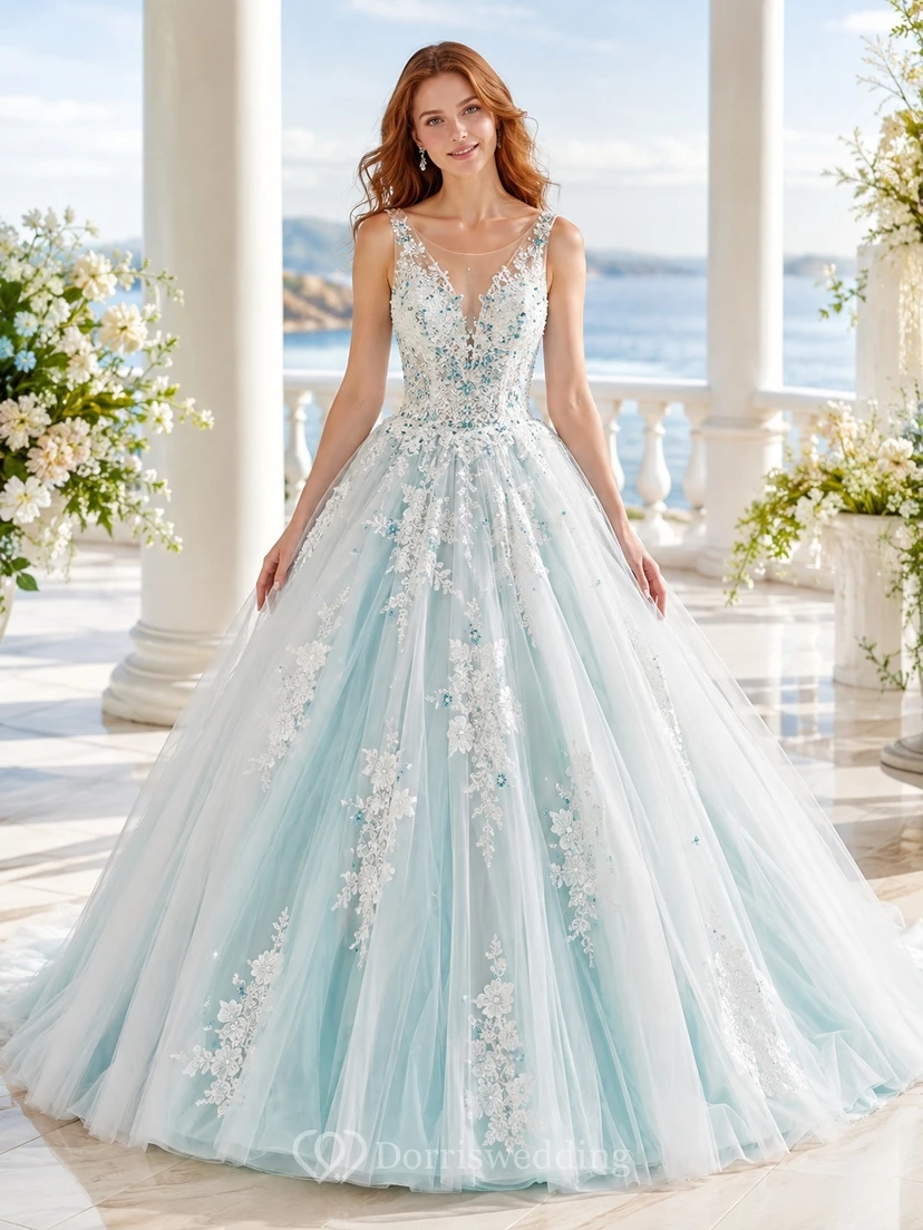 Türkisfarbenes A-Linien-Brautkleid mit V-Ausschnitt, Tüll, floraler Stickerei und bodenlangem Rock im Boho-Stil