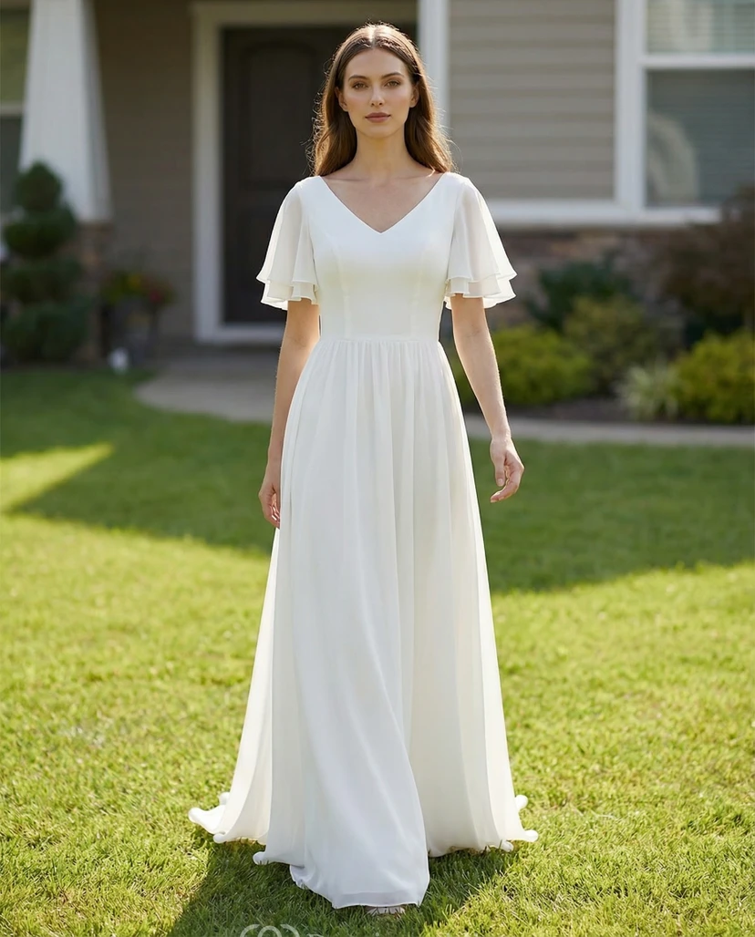 Robe courte en mousseline à manches courtes et col en V avec volants