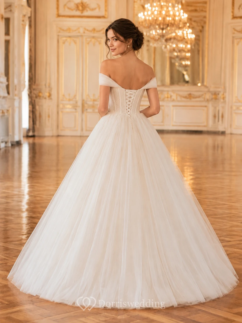 Vestido de novia de gala de tul con hombros descubiertos para mujeres de baja estatura view 2