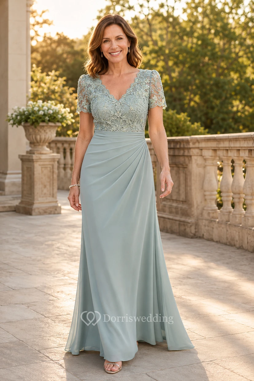 Salbeigrünes Chiffon-Mutterkleid mit V-Ausschnitt und Spitzenoberteil