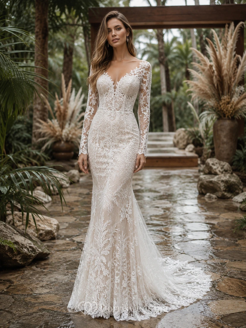 Robe de mariée sirène en dentelle à manches longues et décolleté en V plongeant, idéale pour une escapade en jungle