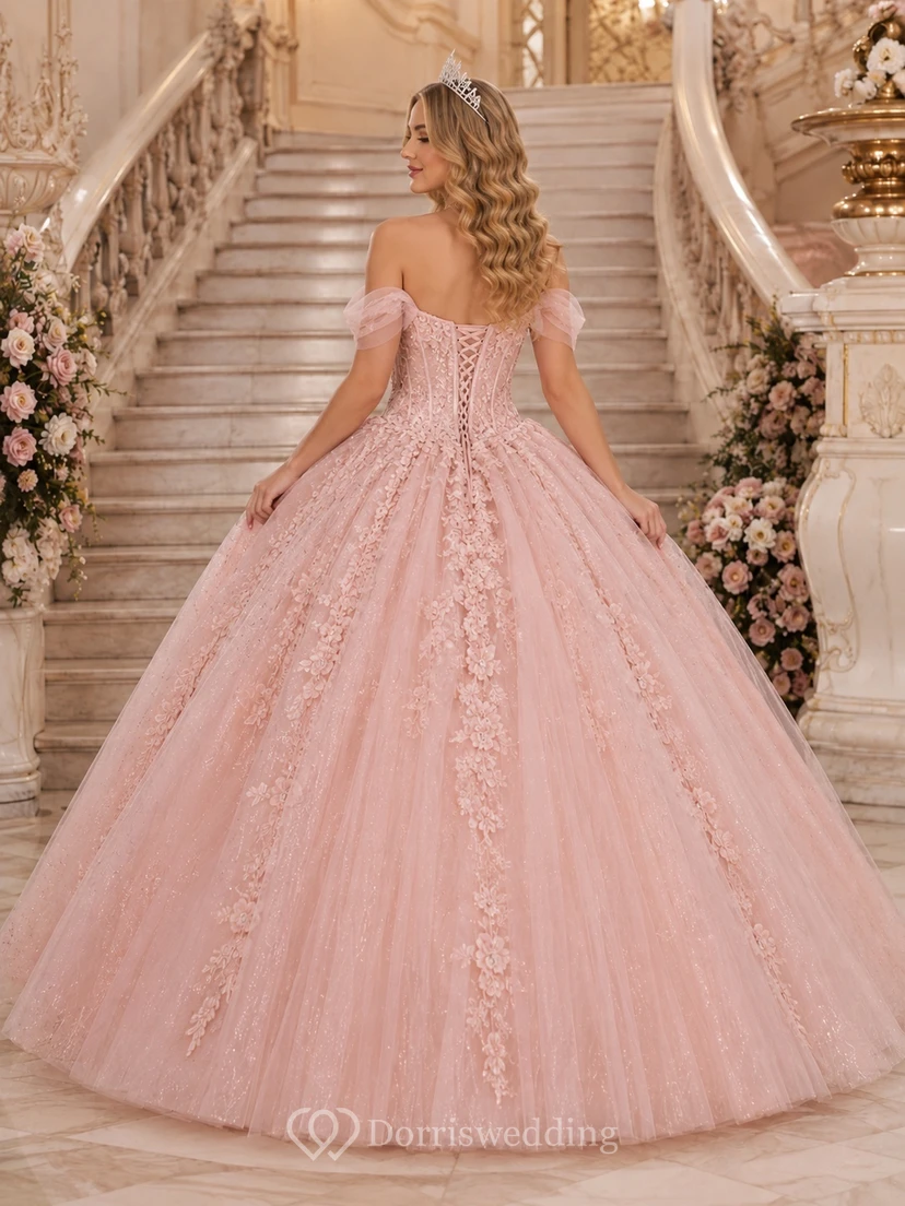 Blush Off-Shoulder Corset Applique Tulle Ball Gown Floor-Length Quinceanera Dress view 2