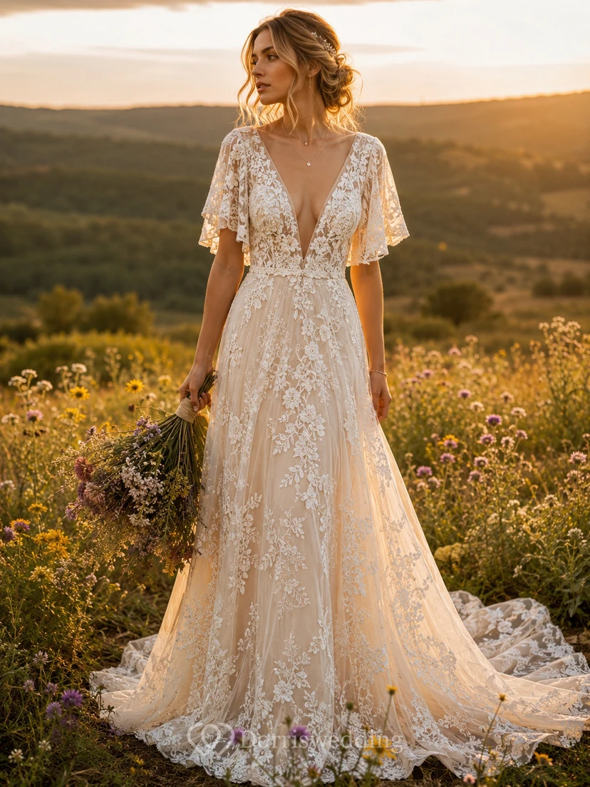 Robe de mariée bohème en dentelle, coupe trapèze, col en V, manches courtes et appliques en dentelle, longueur au sol