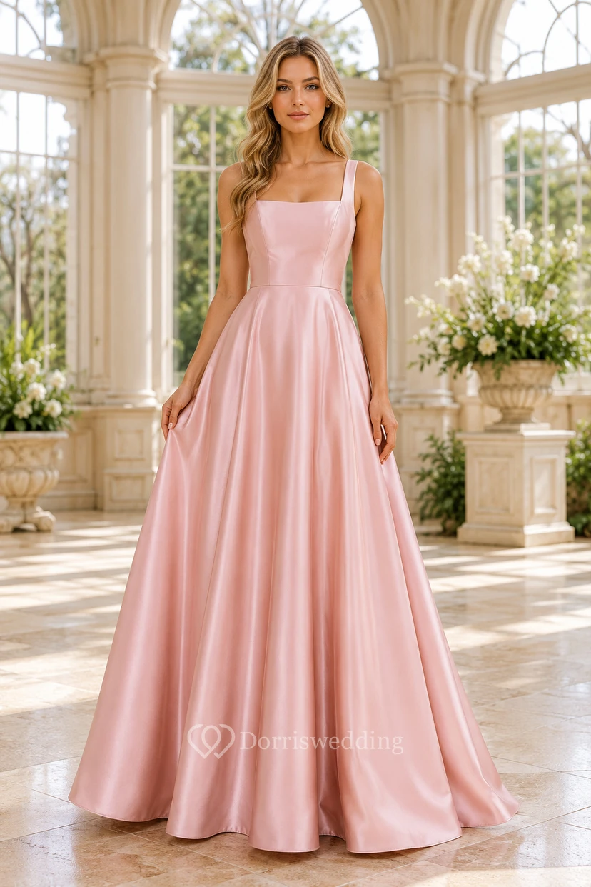 Plus Size Blushing Pink Square Neck Satin A-Line Bridesmaid Dress with Straps