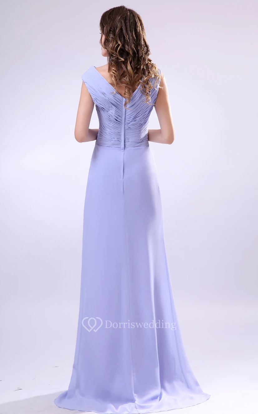 V-Neck Chiffon Pleated Dress With Criss-Cross Ruching and Front Splitting view 4