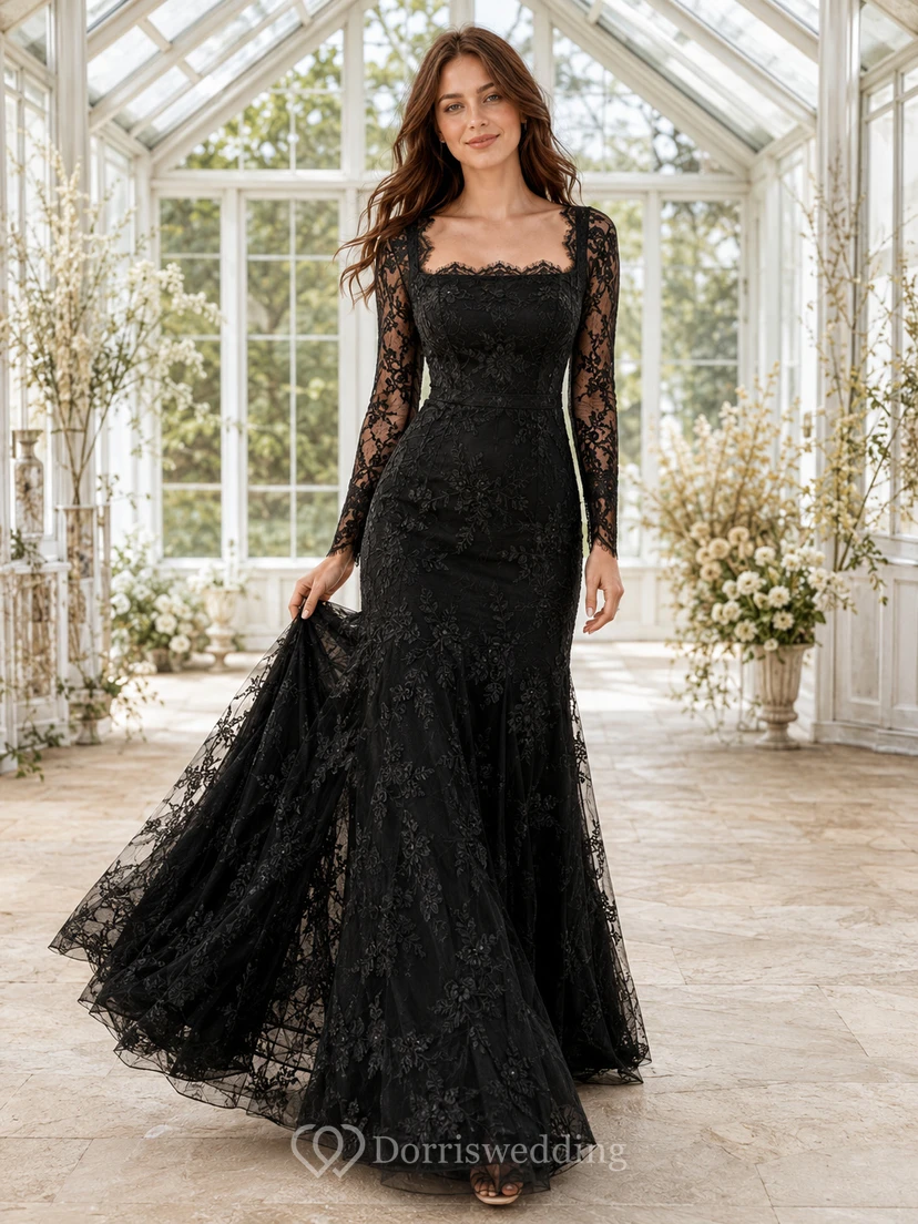 Robe de mariée sirène noire gothique à col festonné et manches longues en dentelle festonnée, longueur au sol