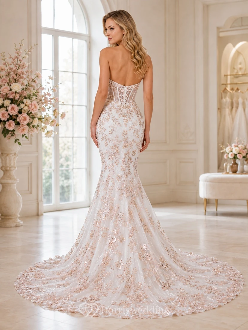 Meerjungfrauen-/Trompetenkleid mit Pailletten in Roségold, herzförmiger Silhouette, ärmellos, bodenlang, mit Schleppe – ein luxuriöses Brautkleid view 2