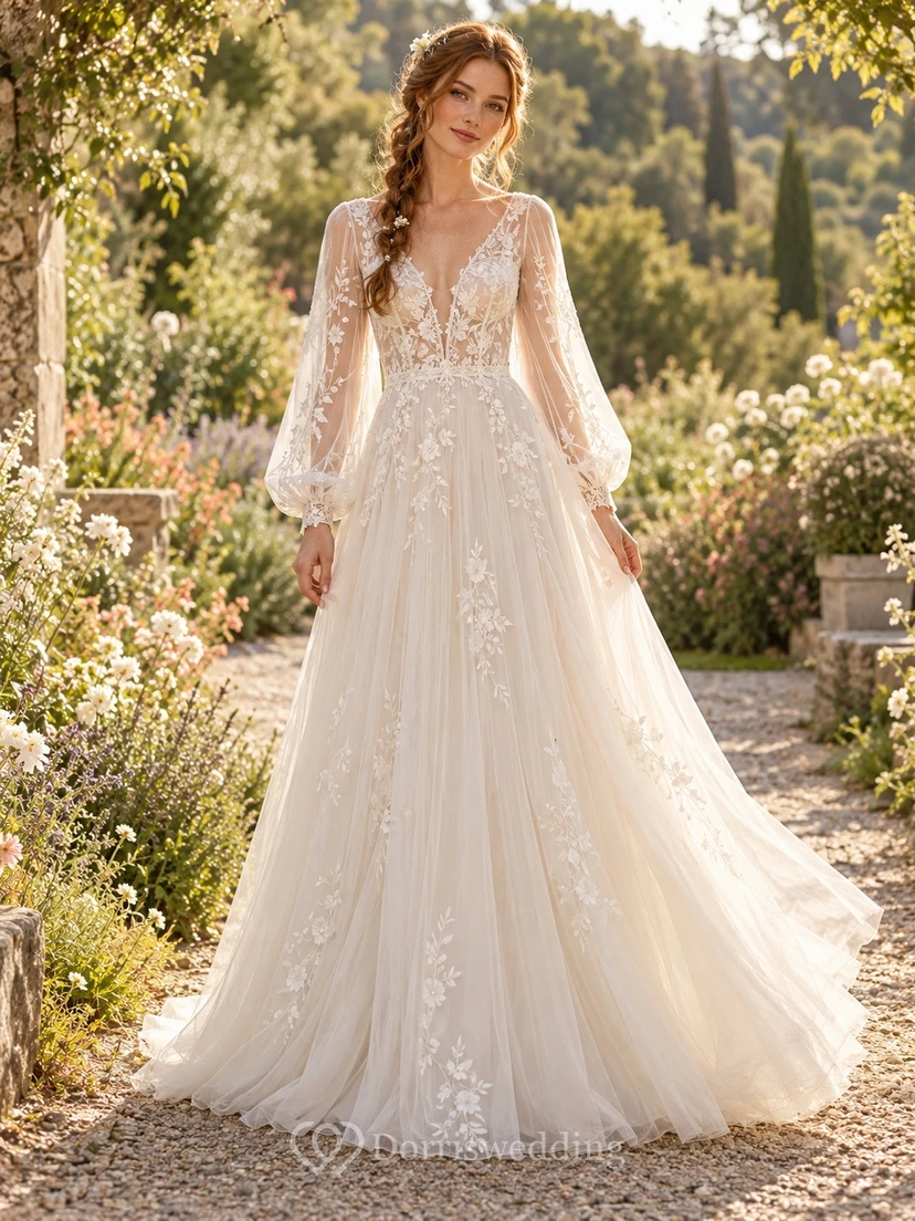 Boho Long Poet Sleeve V-neck Floral Tulle A-Line Wedding Dress