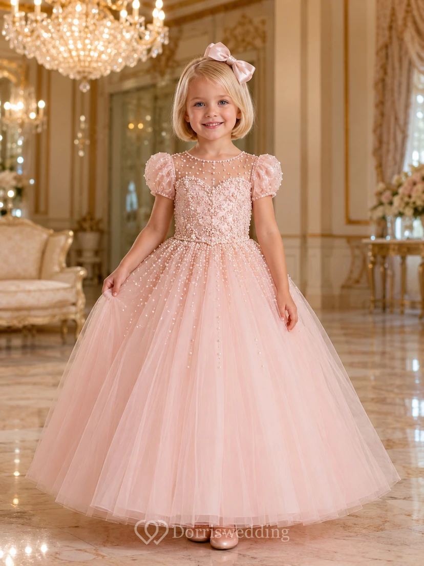 A-Line Flowergirl Pearl Beaded Tulle Floor-Length Puff Sleeve Luxury Pink Wedding Gown