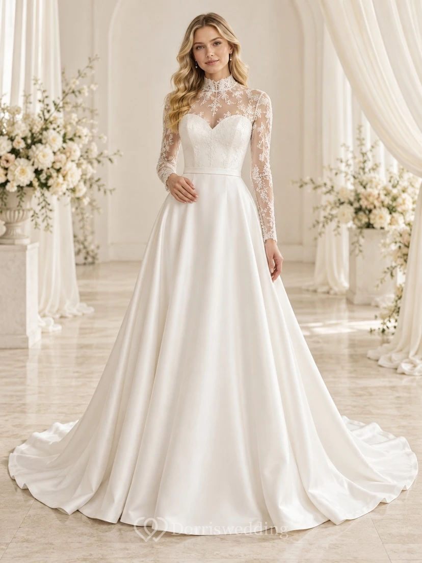 Modest High Neck Long Sleeve Lace Satin A-Line Wedding Dress