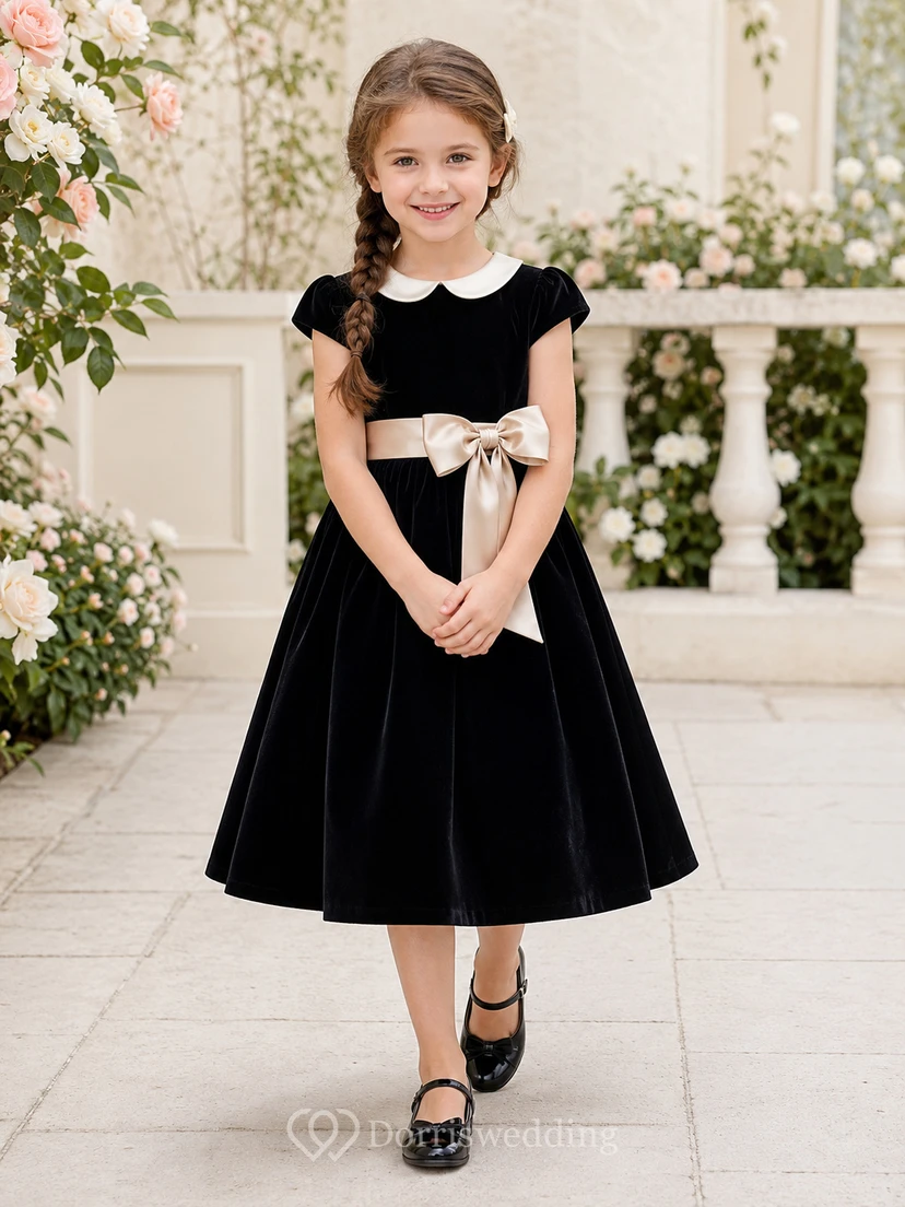 Black Elegant A-Line Velvet Flower Girl Dress Cap Sleeve Jewel Neck Tea-Length Contrast Bow