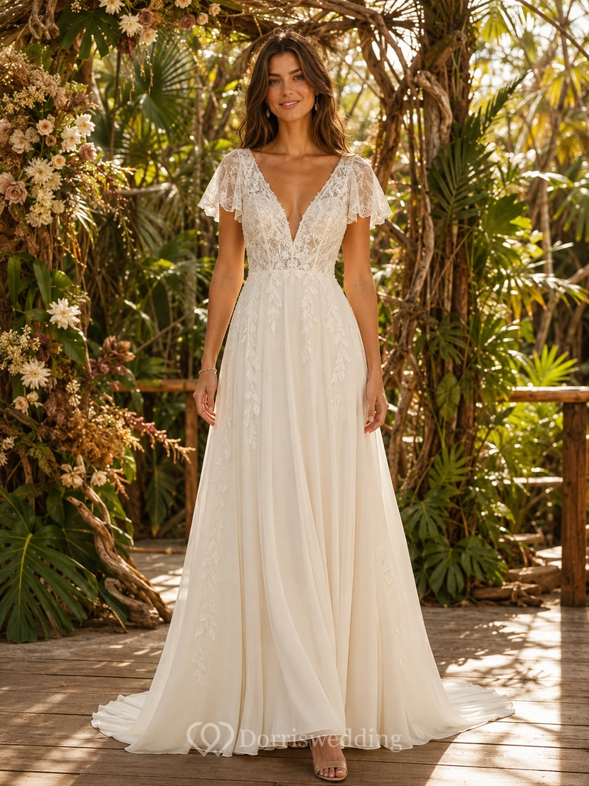 Robe de mariée trapèze en mousseline à manches papillon et décolleté en V profond, style jungle, pour un mariage de destination.