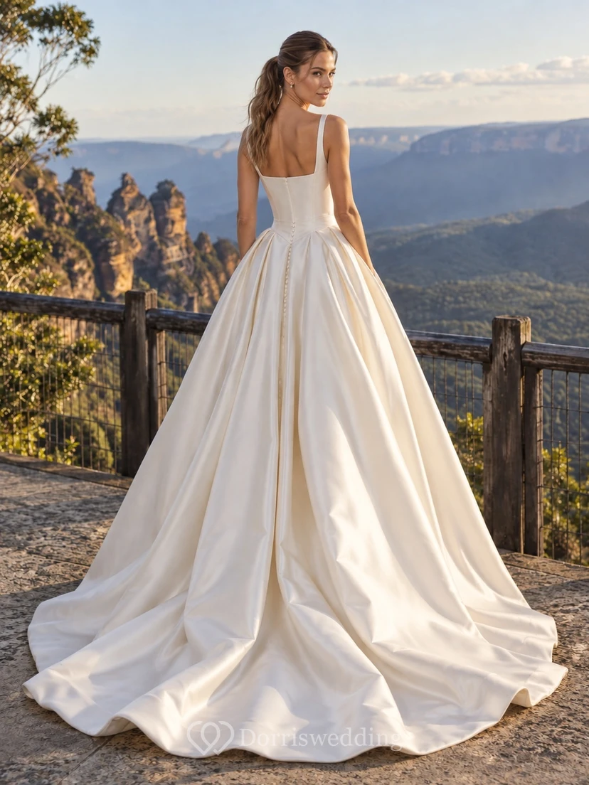 Einfaches Brautkleid mit quadratischem Ausschnitt und Satinbändern in A-Linie view 2