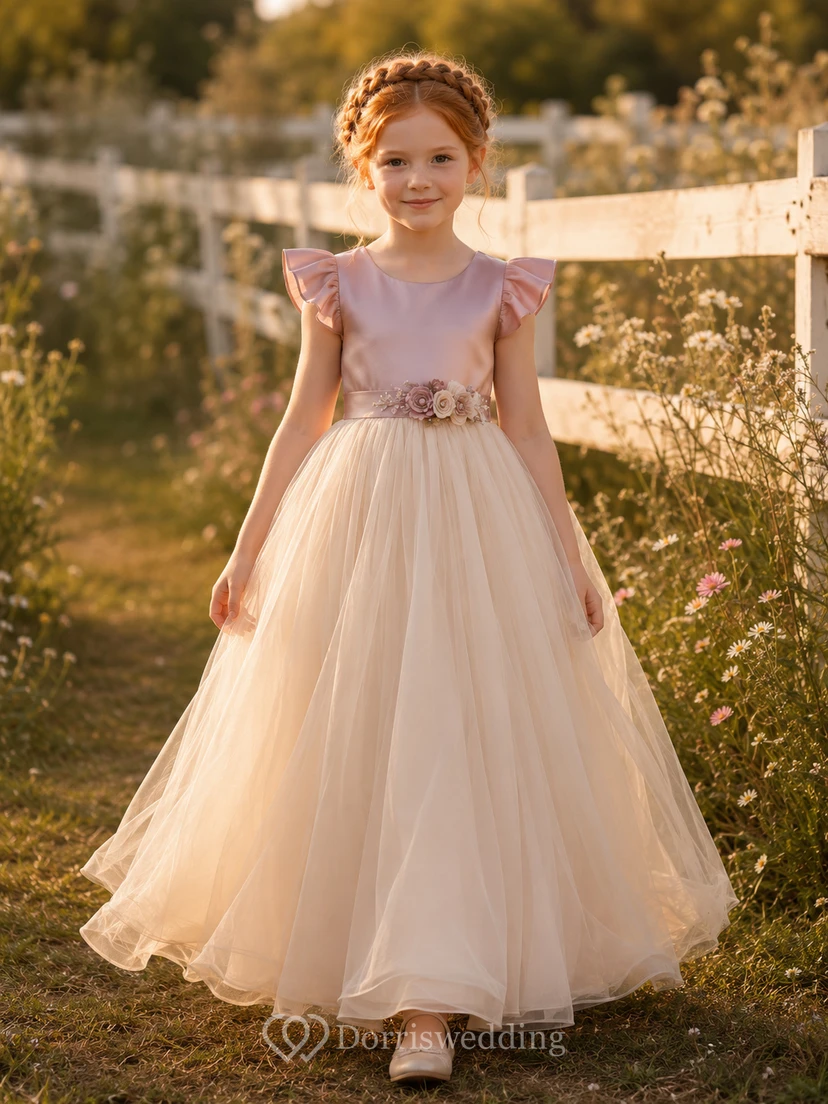 Flower Girl Dress Blush Tulle A-Line Short Sleeve Jewel Neck Floor Length
