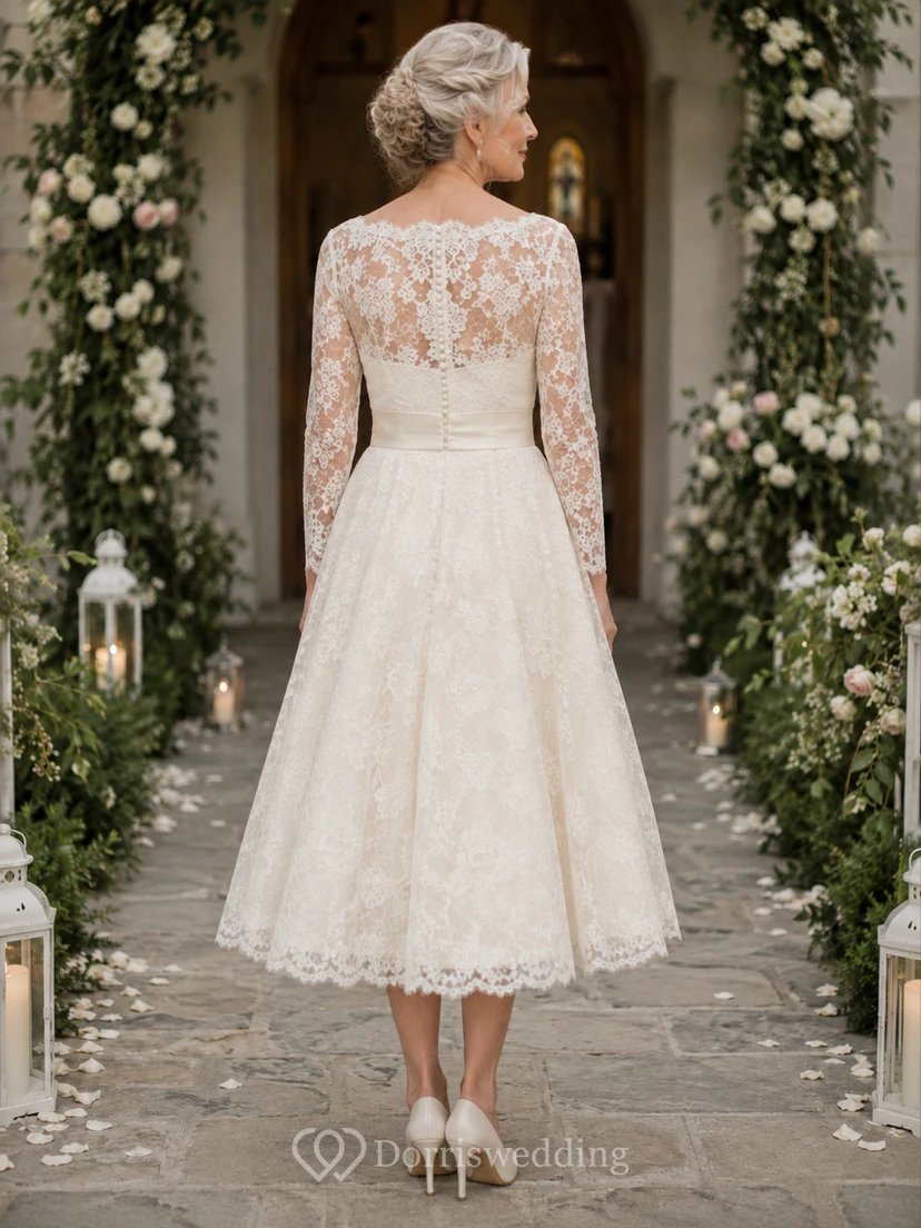 lace wedding dress for older bride Tea Length Lace Older Brides Wedding Dress with Long Sleeve Sleeves