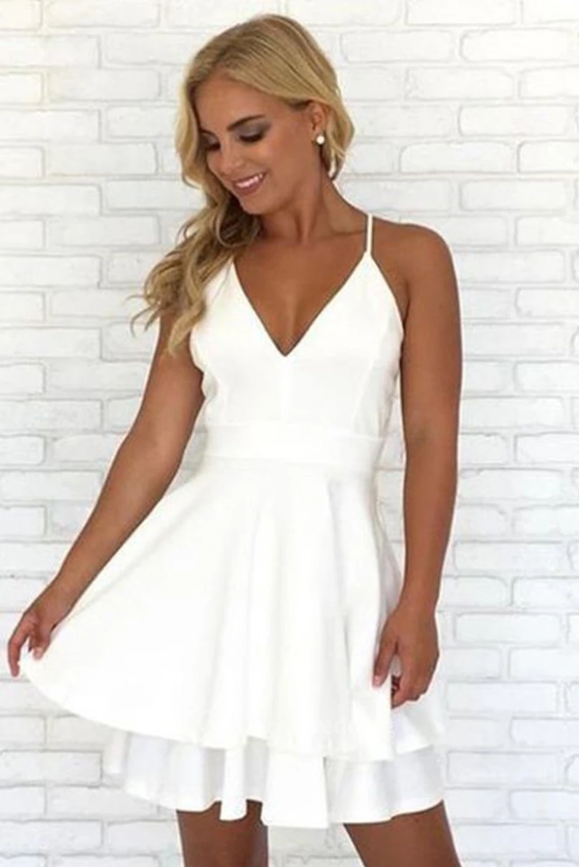Ärmelloses Mini-Kleid aus Chiffon in A-Linie mit Spaghettiträgern, V-Ausschnitt, Reißverschluss und Schlüssellochausschnitt – kurzes Homecoming-Kleid