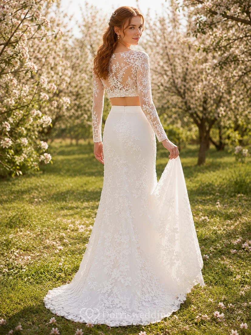 Two Piece Long Sleeve Floral Lace Garden Mermaid Gown view 2