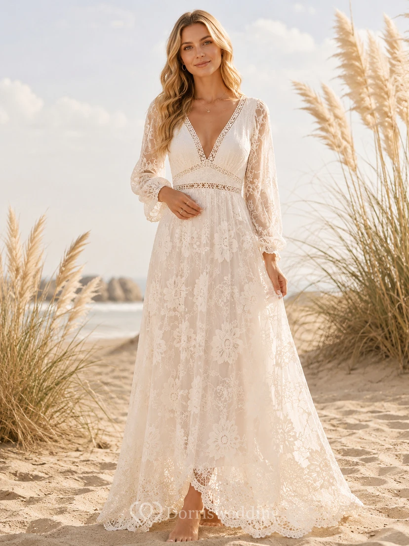Vestido de invitada largo hasta los tobillos, color marfil, con escote en V, manga larga, encaje Poet Lace y corte en A.