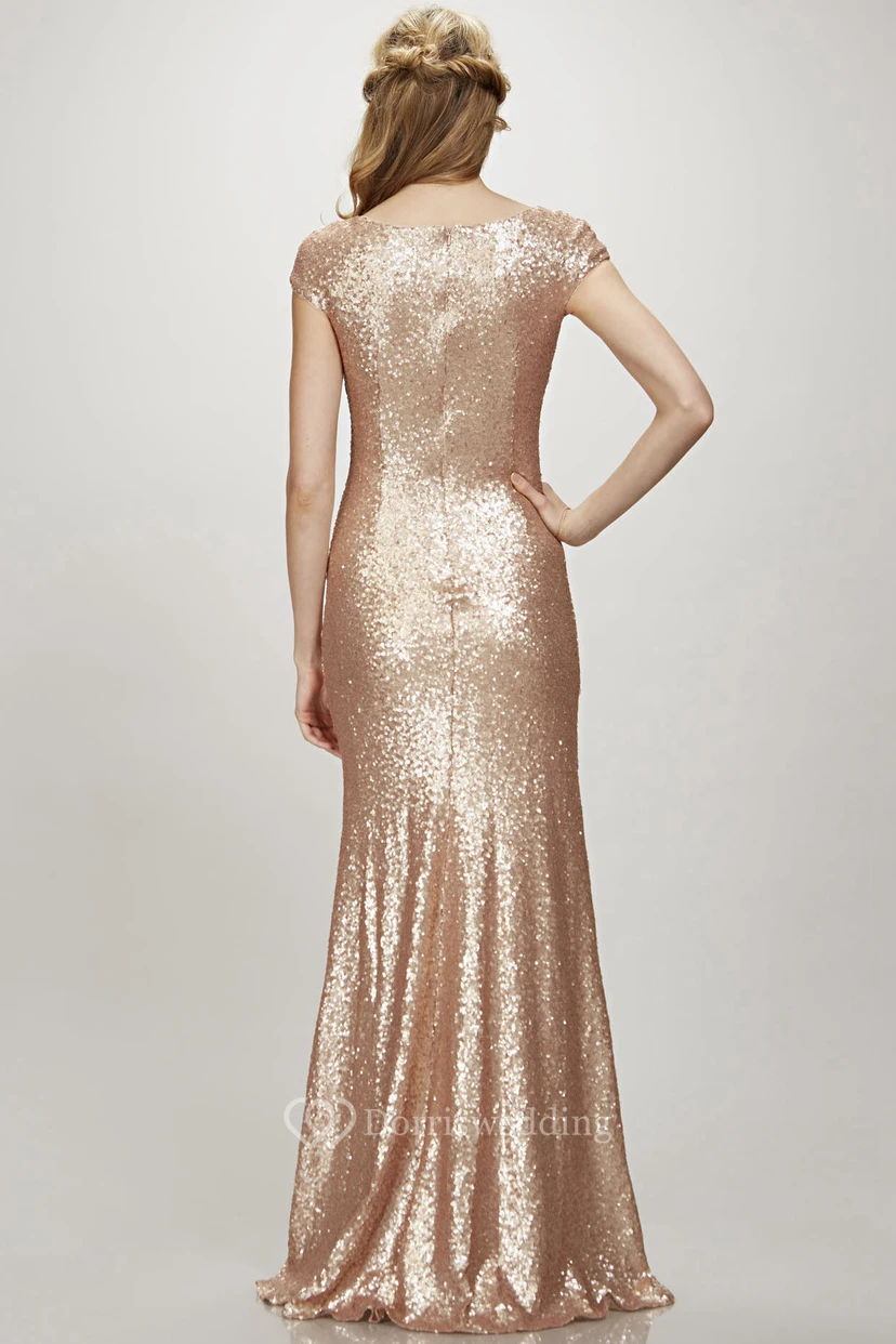 Robe de demoiselle d'honneur maxi à manches courtes et col en V, ornée de sequins view 2