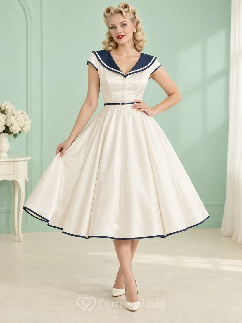 Vintage Teelänge, marineblauer Besatz, Matrosenkragen, kurze Ärmel, Gürtel, Satin, A-Linien-Brautkleid