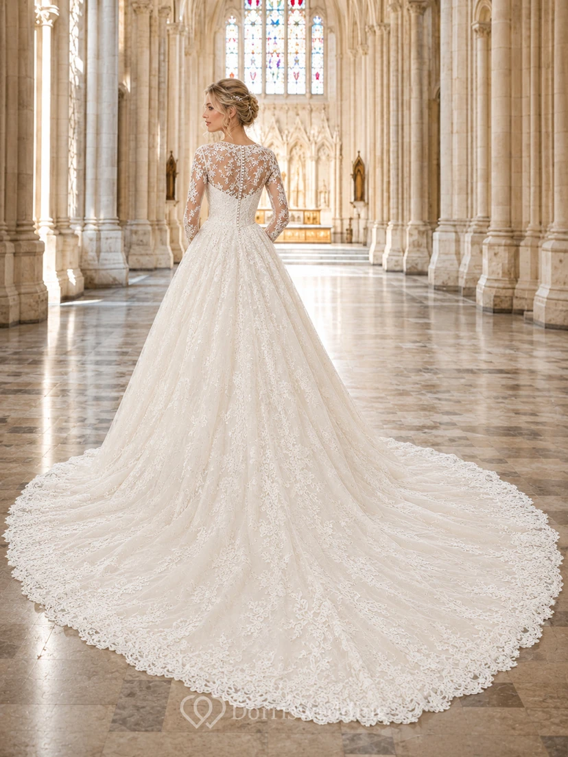 Vestido de novia de encaje y tul, estilo princesa, escote corazón, sin mangas, cola de capilla, con apliques. view 2