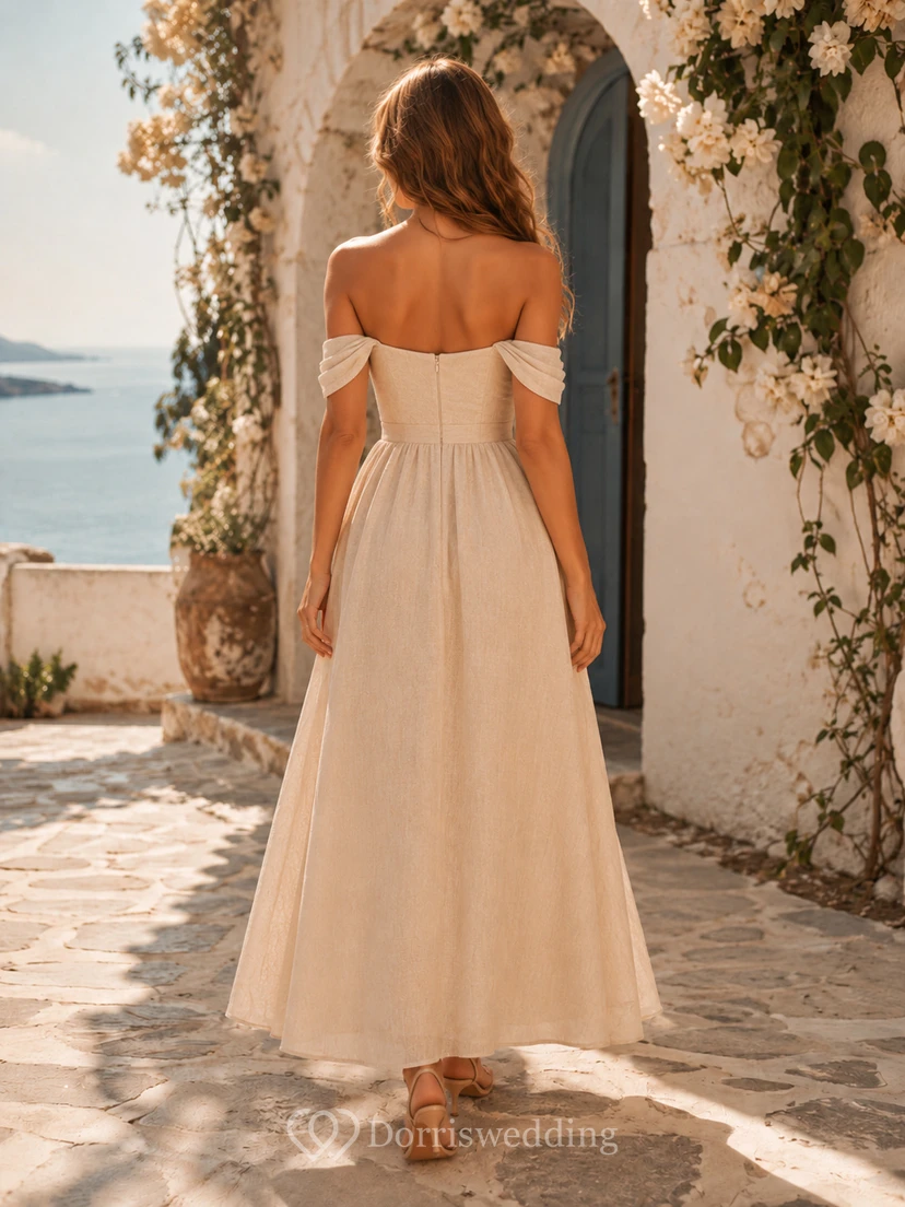 Summer Off-Shoulder Tea-Length Coastal Village Elopement Bridal Dress view 2