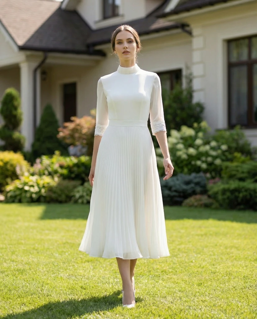 Halbarmiges, plissiertes Chiffon-Hochzeitskleid mit Rundhalsausschnitt