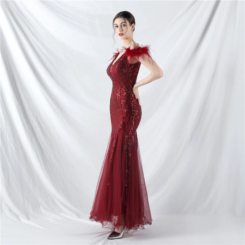 9-farbiges, handgefertigtes Abendkleid aus Kamelfedern, Netzstoff und Pailletten, sexy Trägern view 63