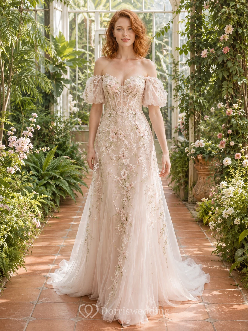 Brautkleid aus Tüll mit Puffärmeln, floraler Stickerei und Gewächshausmotiv