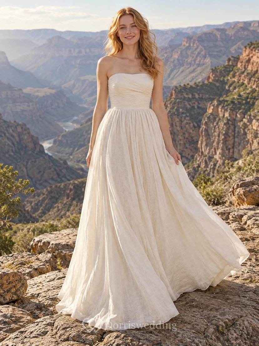 Bandeau Linen Blend A-Line Wedding Dress with Full Skirt and V-Back