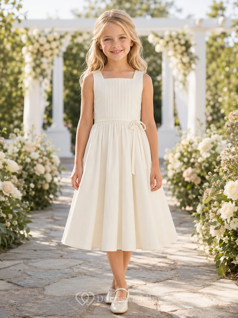 Blumenmädchenkleid aus elfenbeinfarbenem Chiffon und Tüll, A-Linie, Rundhalsausschnitt, Teelänge, plissiert
